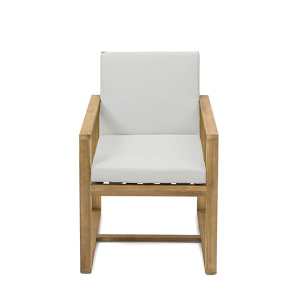 Set da pranzo da esterno in legno di teak chiaro da 7 pezzi con cuscino grigio beige chiaro e foro per ombrellone