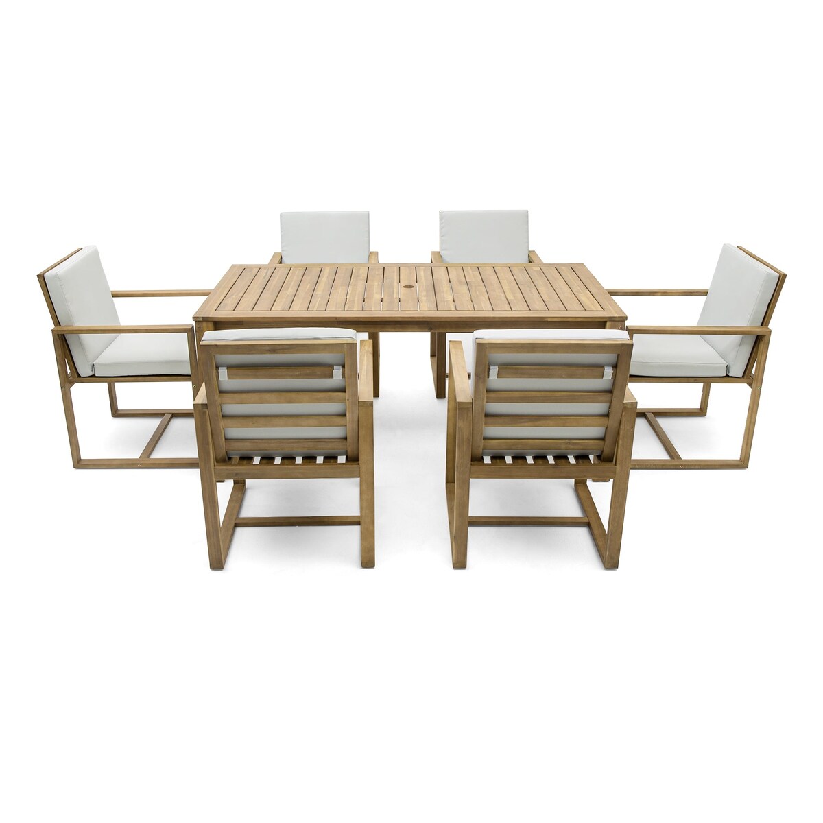 Set da pranzo da esterno in legno di teak chiaro da 7 pezzi con cuscino grigio beige chiaro e foro per ombrellone