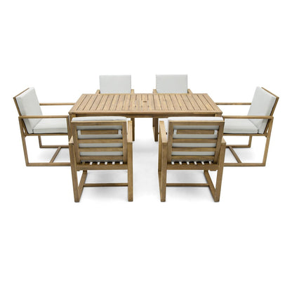 Set da pranzo da esterno in legno di teak chiaro da 7 pezzi con cuscino grigio beige chiaro e foro per ombrellone
