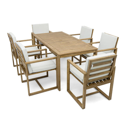 Set da pranzo da esterno in legno di teak chiaro da 7 pezzi con cuscino grigio beige chiaro e foro per ombrellone
