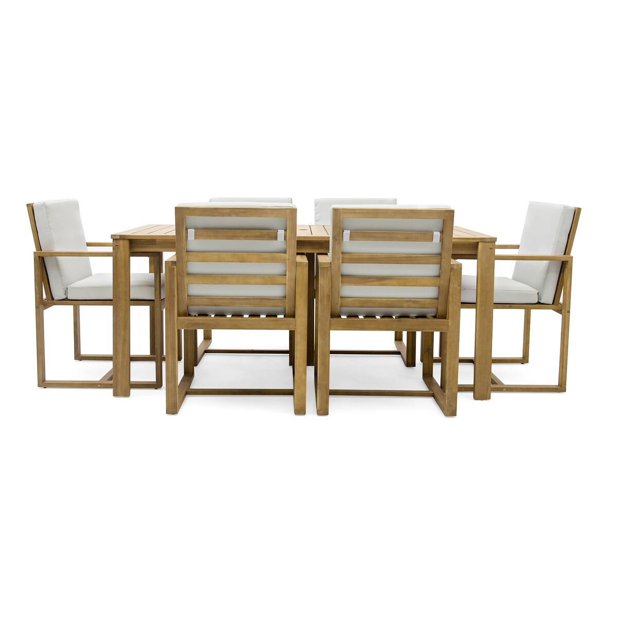 Set da pranzo da esterno in legno di teak chiaro da 7 pezzi con cuscino grigio beige chiaro e foro per ombrellone