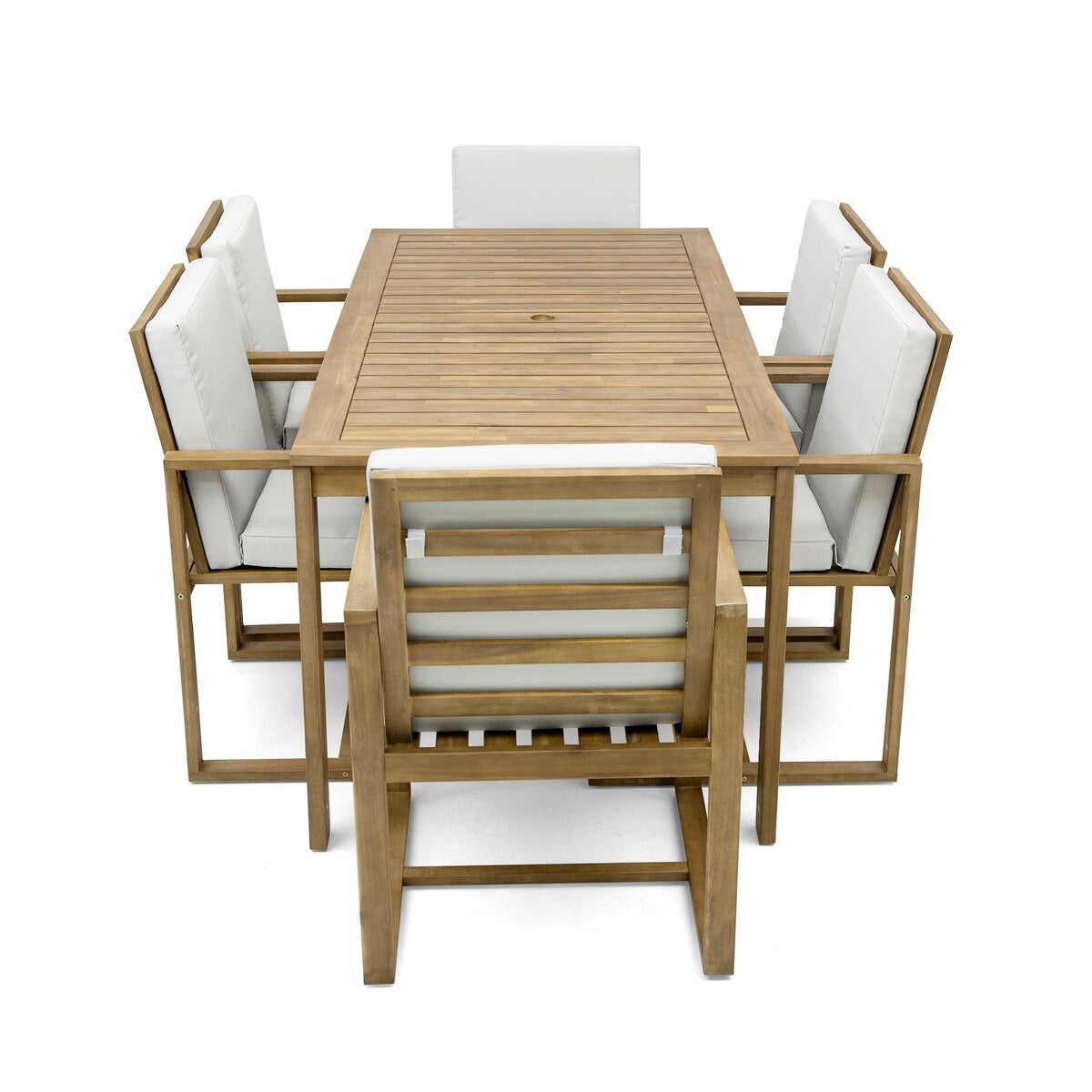 Set da pranzo da esterno in legno di teak chiaro da 7 pezzi con cuscino grigio beige chiaro e foro per ombrellone