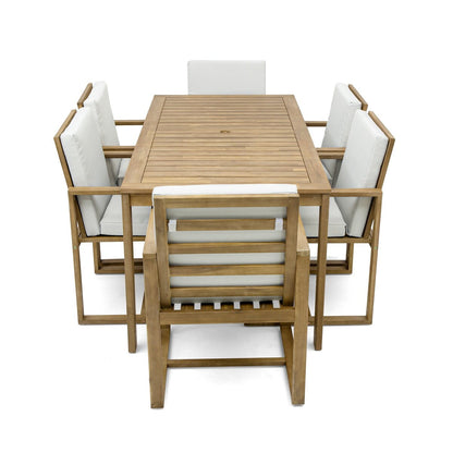 Set da pranzo da esterno in legno di teak chiaro da 7 pezzi con cuscino grigio beige chiaro e foro per ombrellone