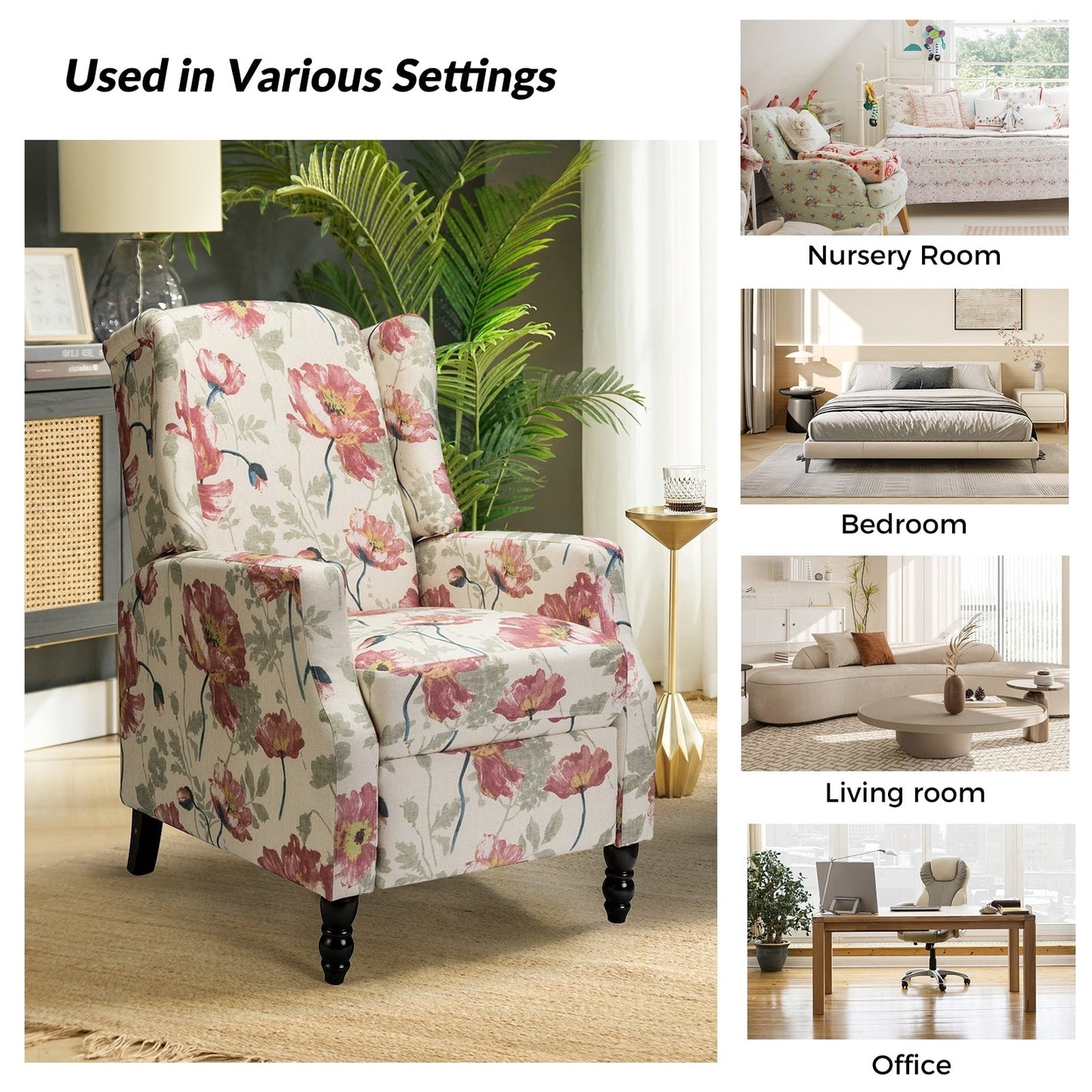 Poltrona reclinabile manuale Damaris Mid-Century Modern con schienale ad ala, design di HULALA HOME