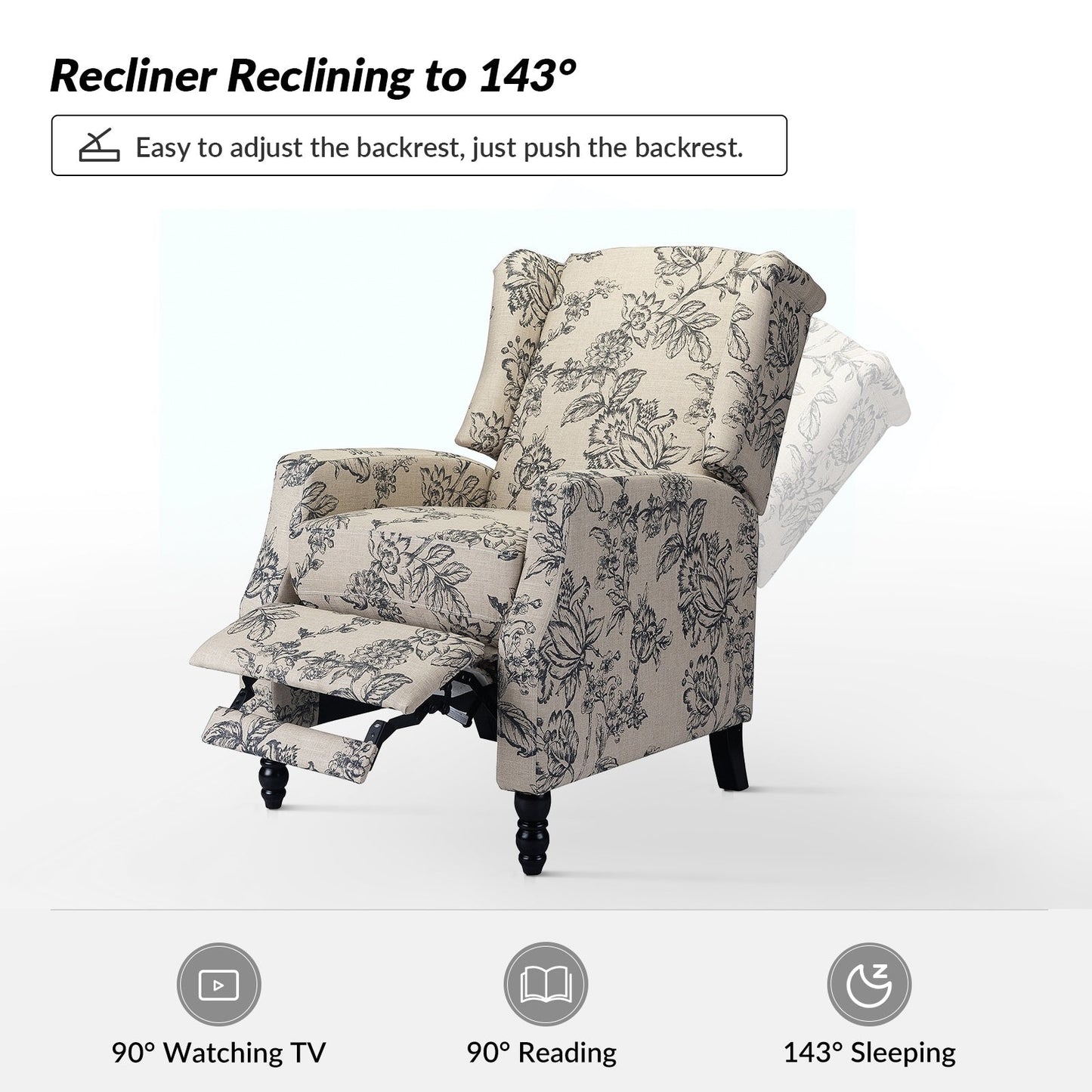 Poltrona reclinabile manuale Damaris Mid-Century Modern con schienale ad ala, design di HULALA HOME