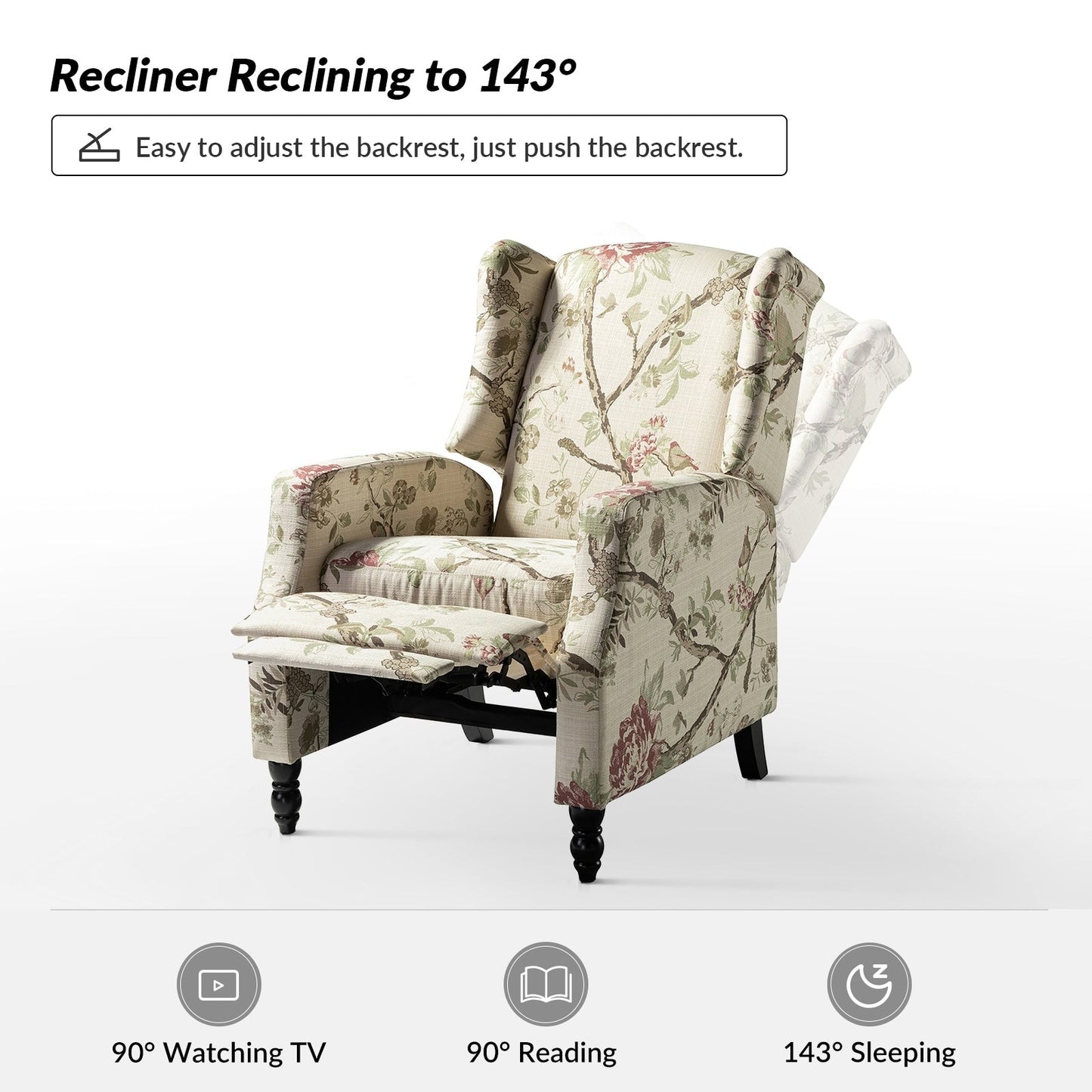 Poltrona reclinabile manuale Damaris Mid-Century Modern con schienale ad ala, design di HULALA HOME