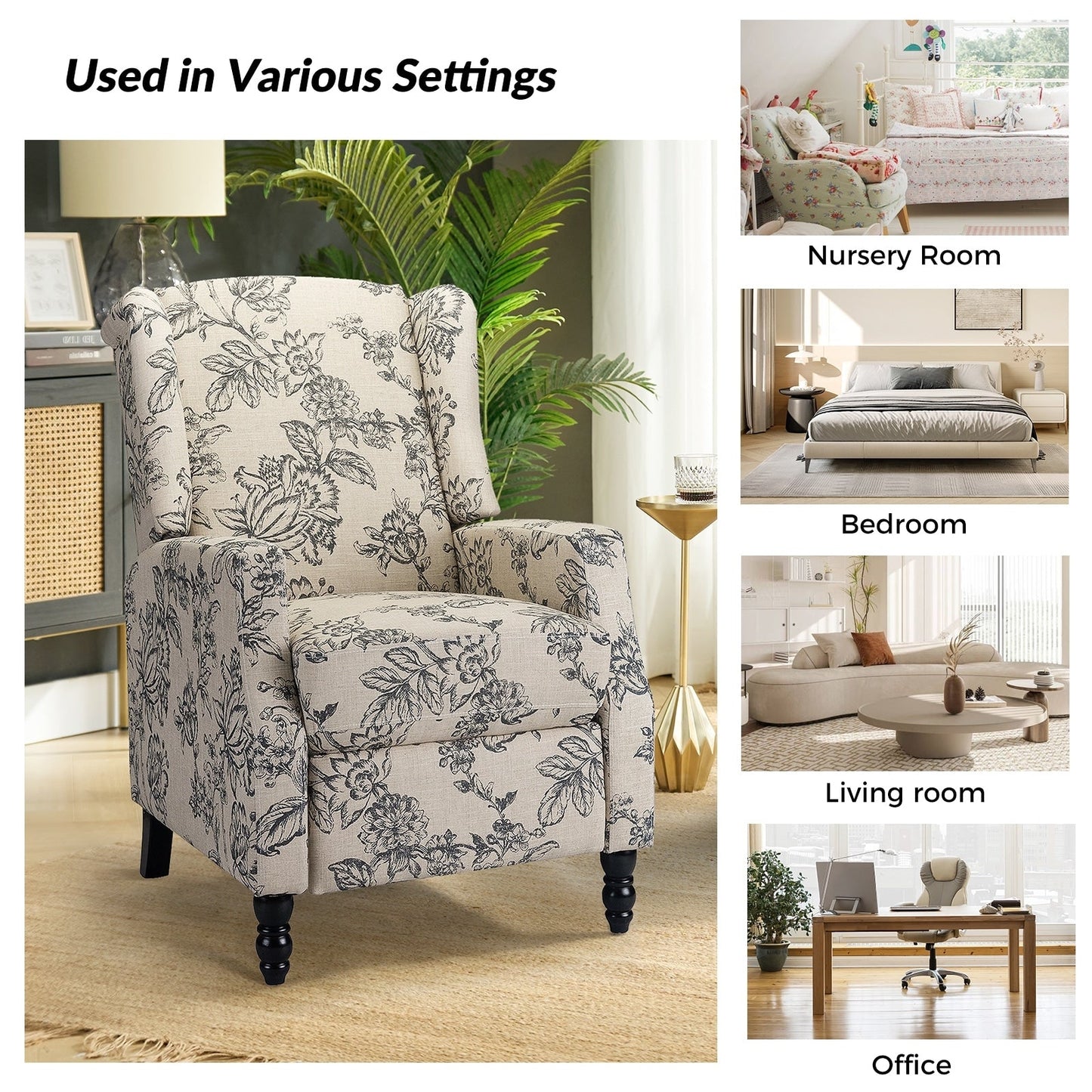 Poltrona reclinabile manuale Damaris Mid-Century Modern con schienale ad ala, design di HULALA HOME