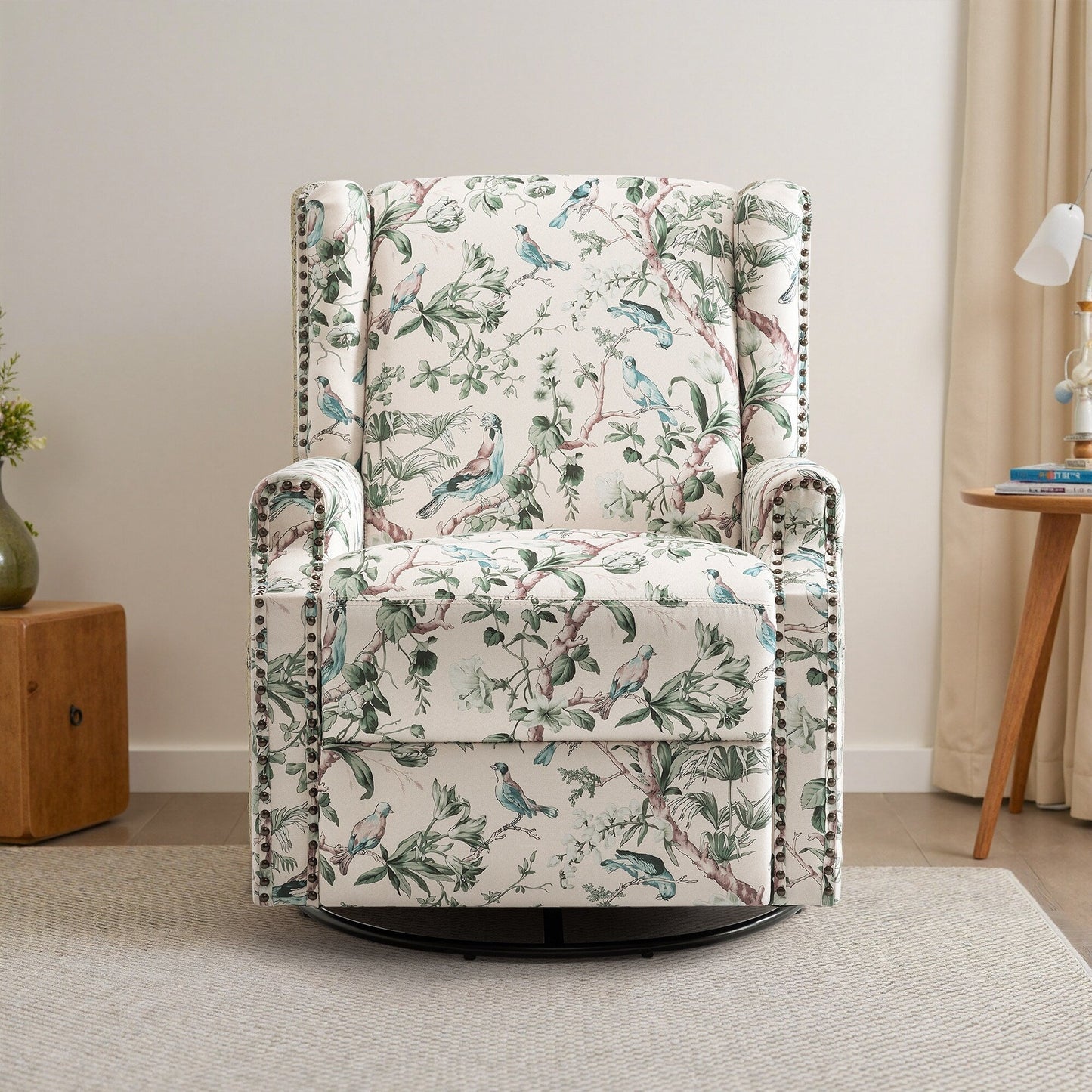 Poltrona reclinabile girevole manuale in lino con poggiapiedi