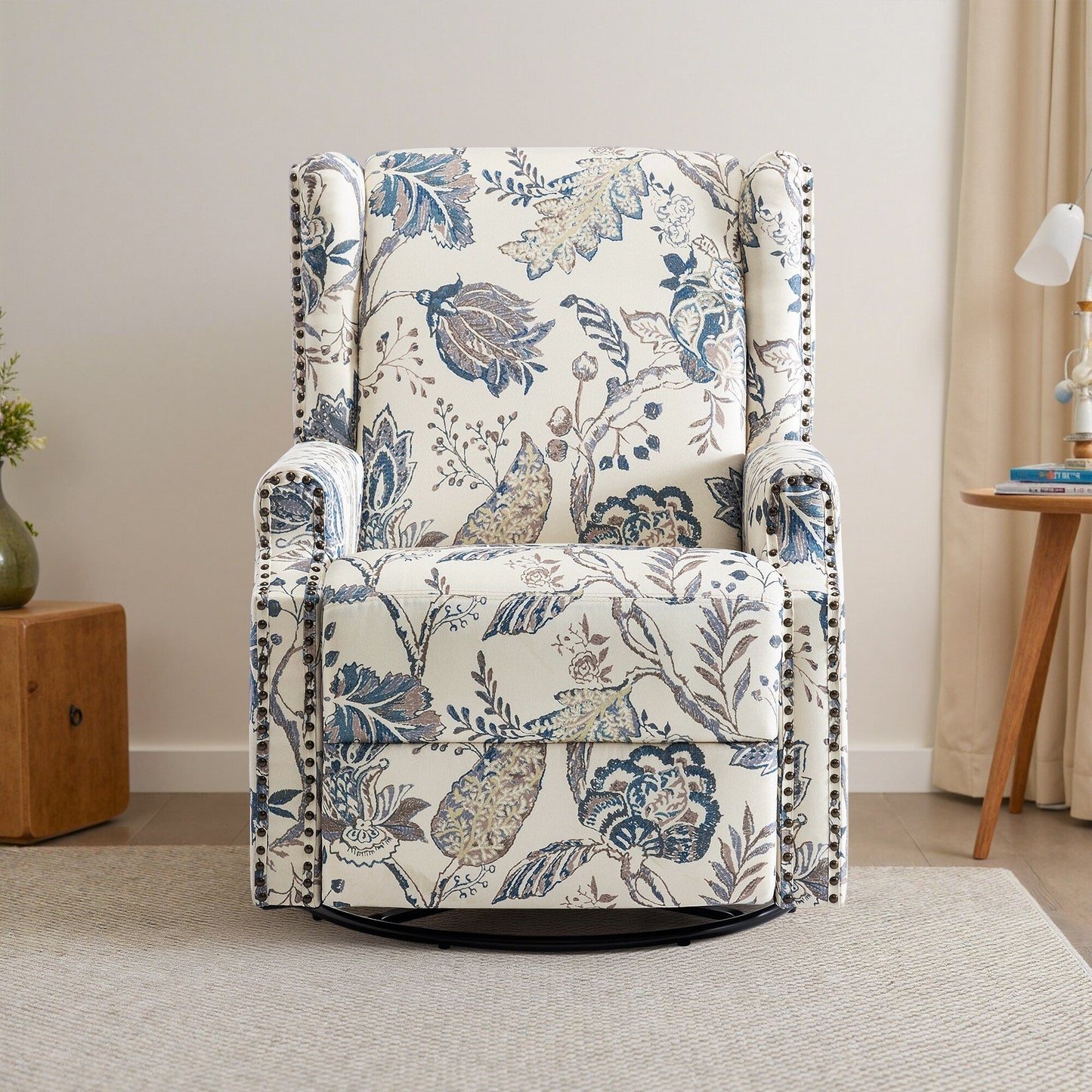 Poltrona reclinabile girevole manuale in lino con poggiapiedi