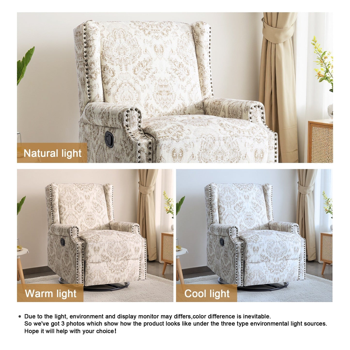 Poltrona reclinabile girevole manuale in lino con poggiapiedi