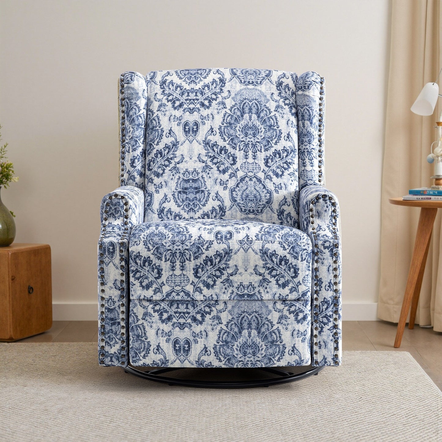 Poltrona reclinabile girevole manuale in lino con poggiapiedi