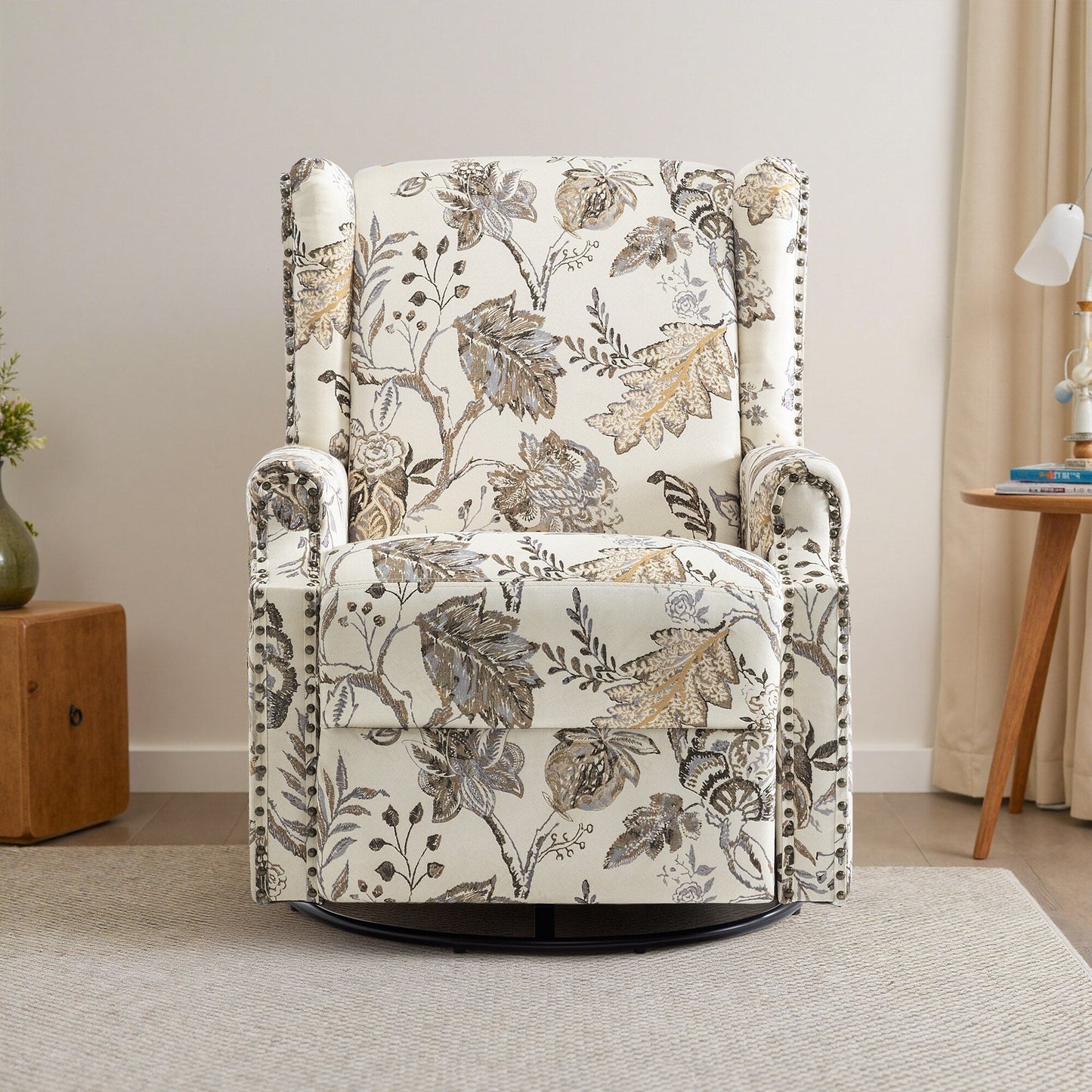 Poltrona reclinabile girevole manuale in lino con poggiapiedi