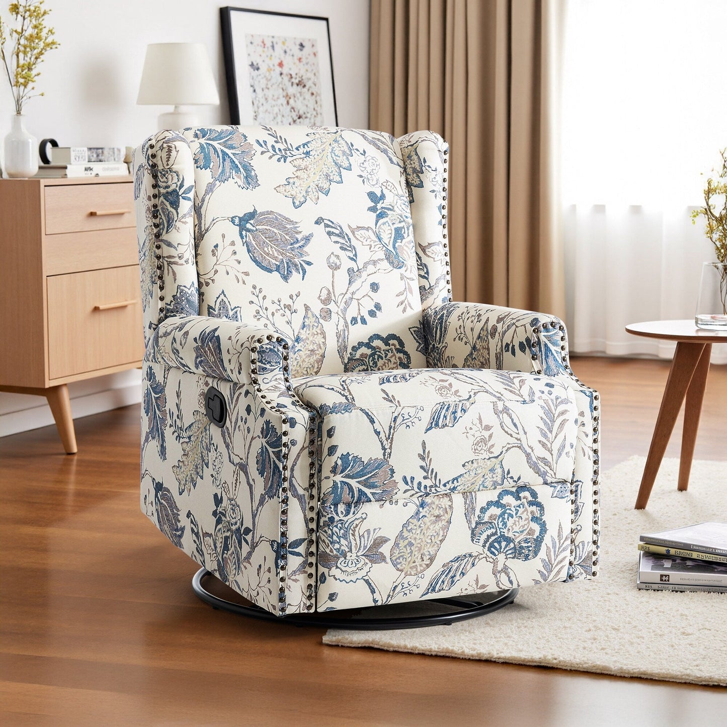 Poltrona reclinabile girevole manuale in lino con poggiapiedi