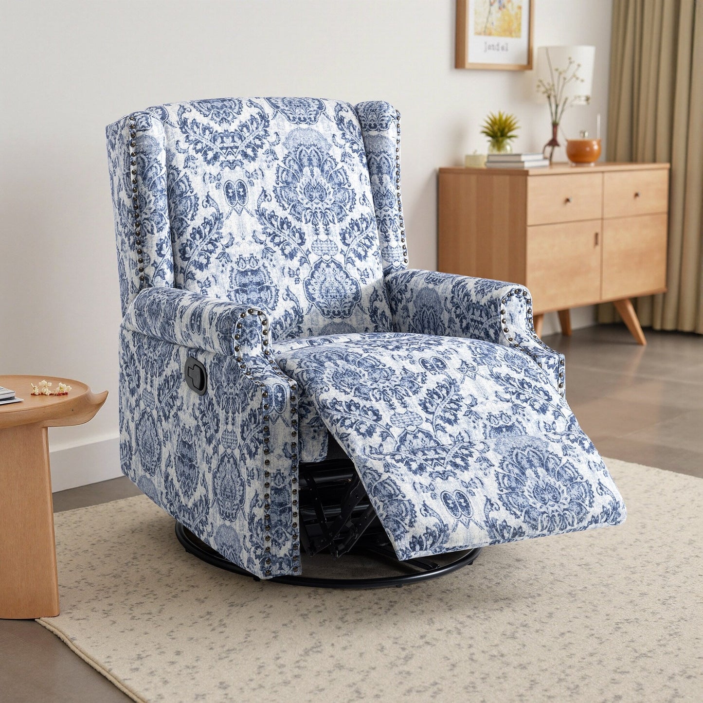 Poltrona reclinabile girevole manuale in lino con poggiapiedi