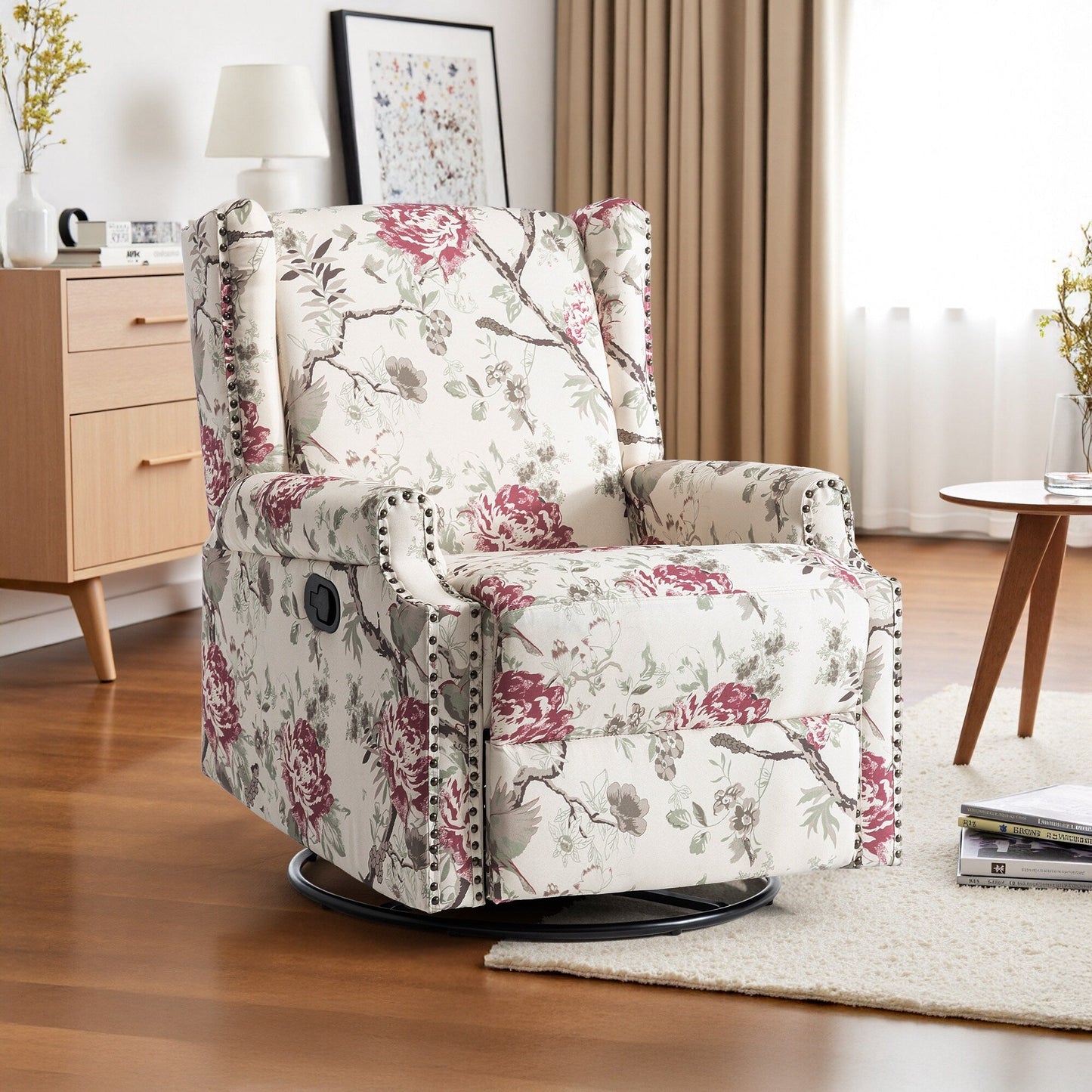 Poltrona reclinabile girevole manuale in lino con poggiapiedi