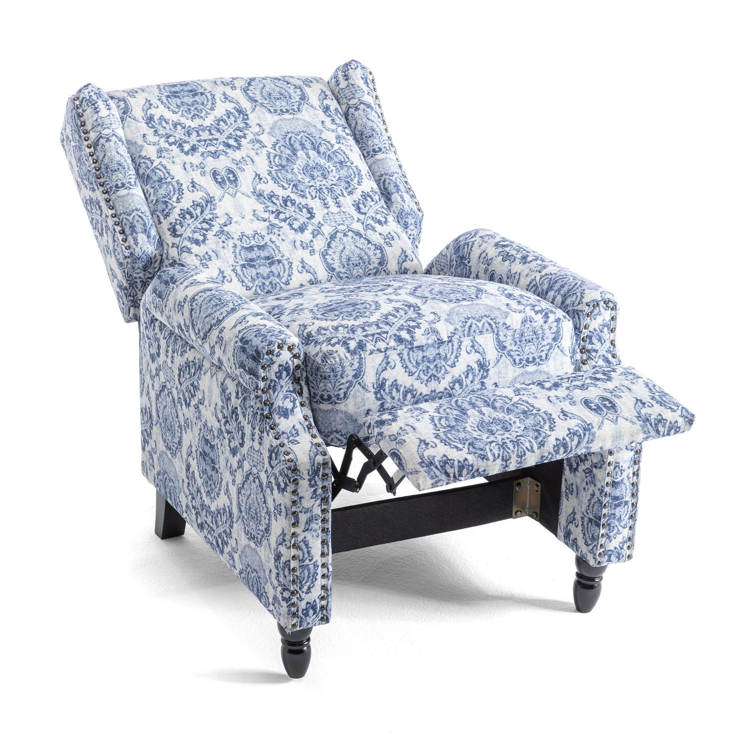 Poltrona reclinabile manuale imbottita in lino con gambe in legno