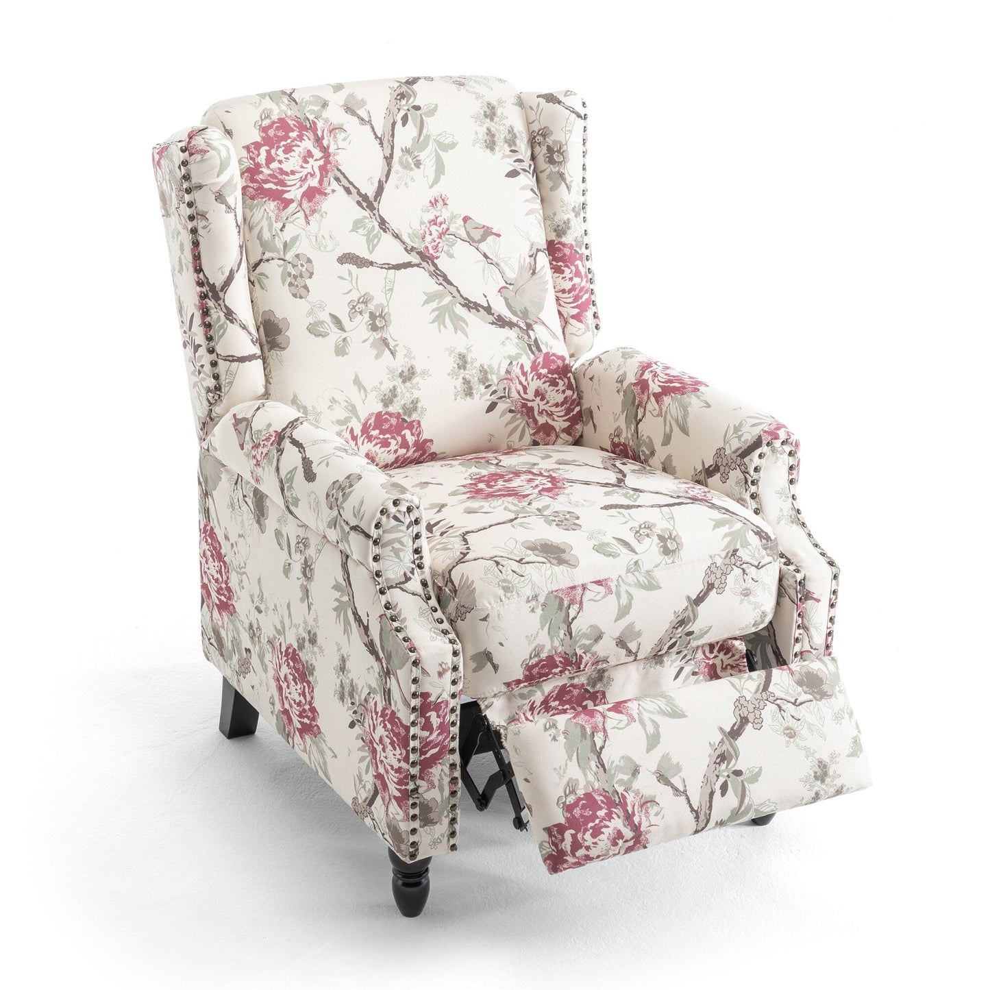 Poltrona reclinabile manuale imbottita in lino con gambe in legno