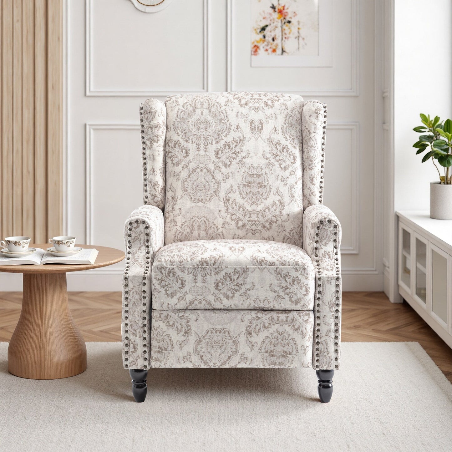 Poltrona reclinabile manuale imbottita in lino con gambe in legno