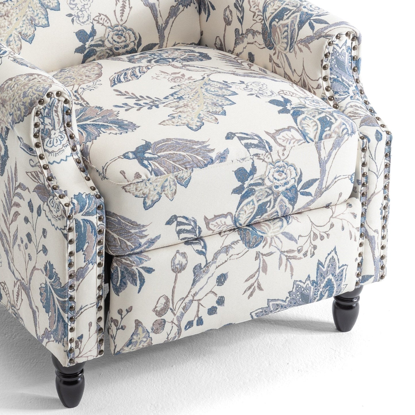 Poltrona reclinabile manuale imbottita in lino con gambe in legno