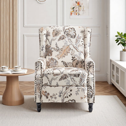 Poltrona reclinabile manuale imbottita in lino con gambe in legno