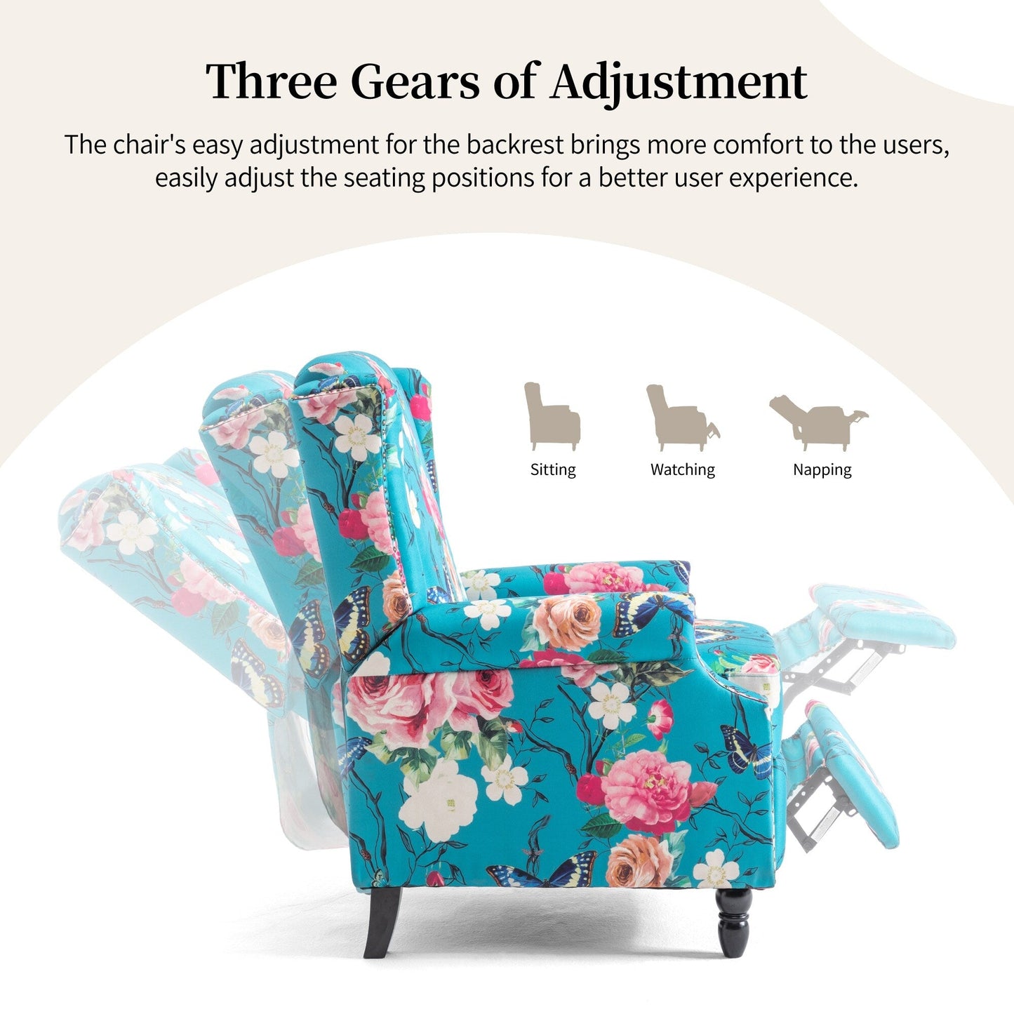 Poltrona reclinabile manuale imbottita in lino con gambe in legno