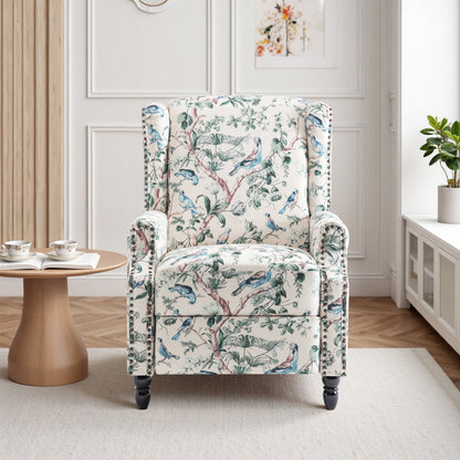 Poltrona reclinabile manuale imbottita in lino con gambe in legno