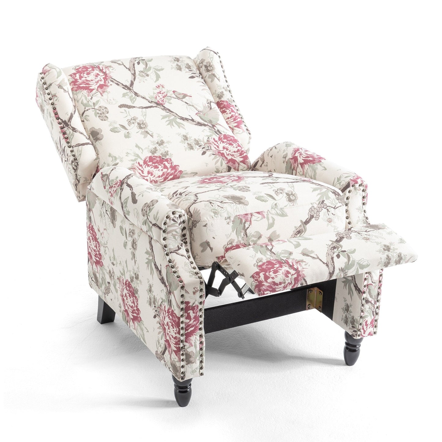 Poltrona reclinabile manuale imbottita in lino con gambe in legno