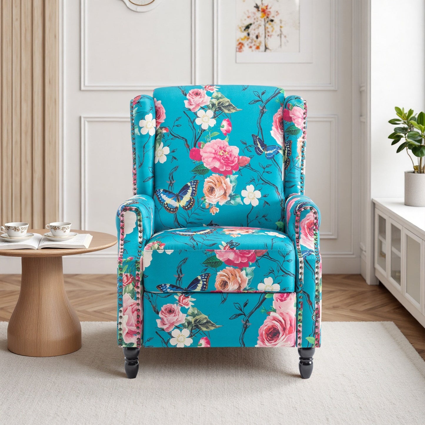 Poltrona reclinabile manuale imbottita in lino con gambe in legno