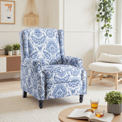 Poltrona reclinabile manuale imbottita in lino con gambe in legno