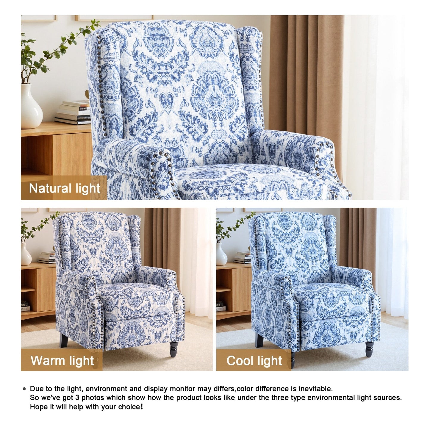 Poltrona reclinabile manuale imbottita in lino con gambe in legno