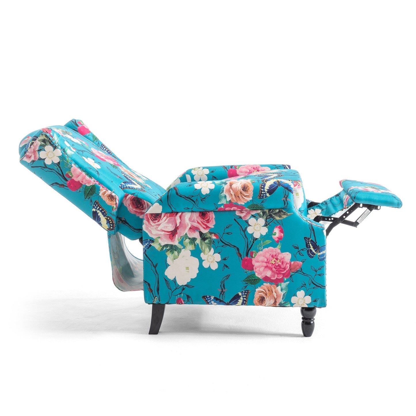 Poltrona reclinabile manuale imbottita in lino con gambe in legno