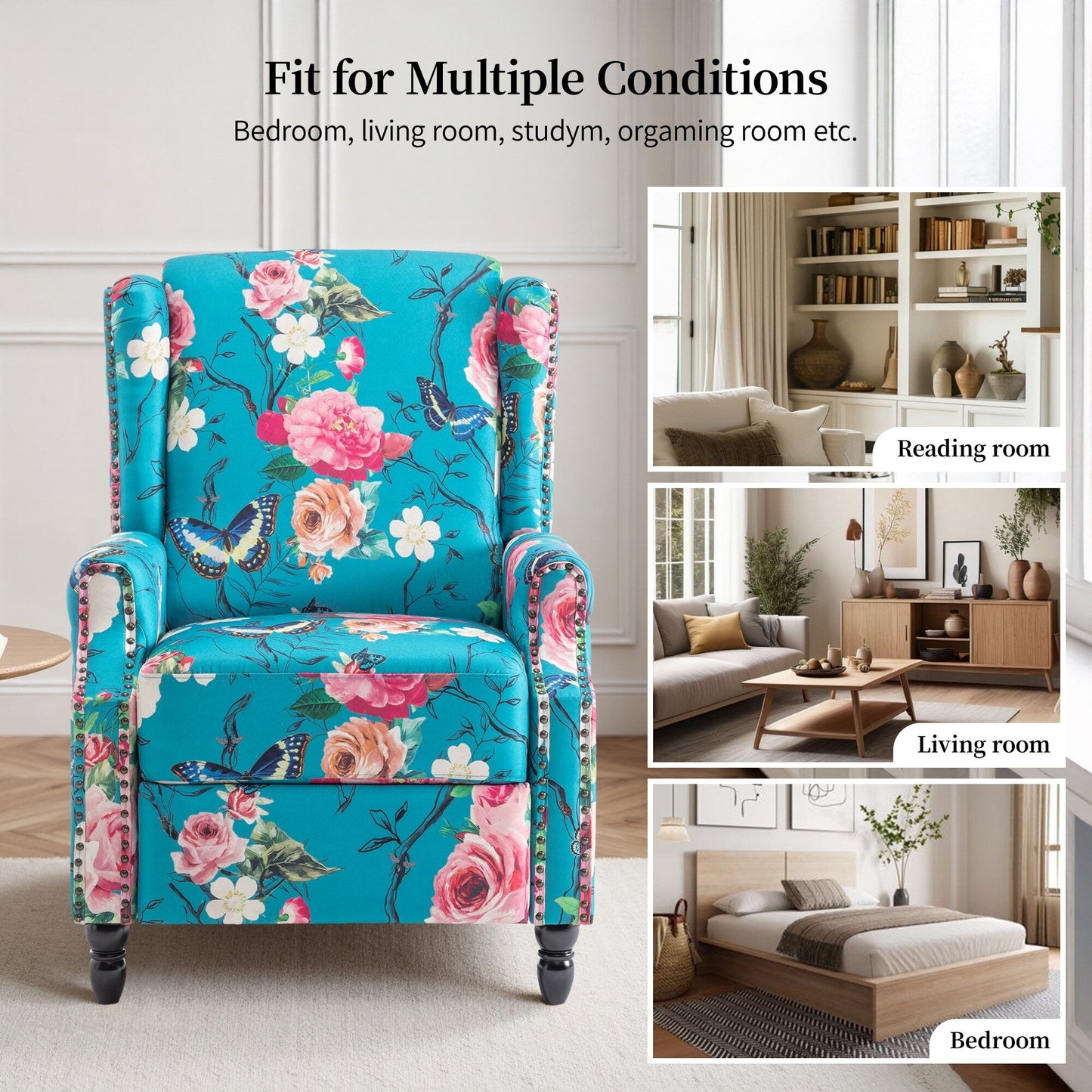 Poltrona reclinabile manuale imbottita in lino con gambe in legno