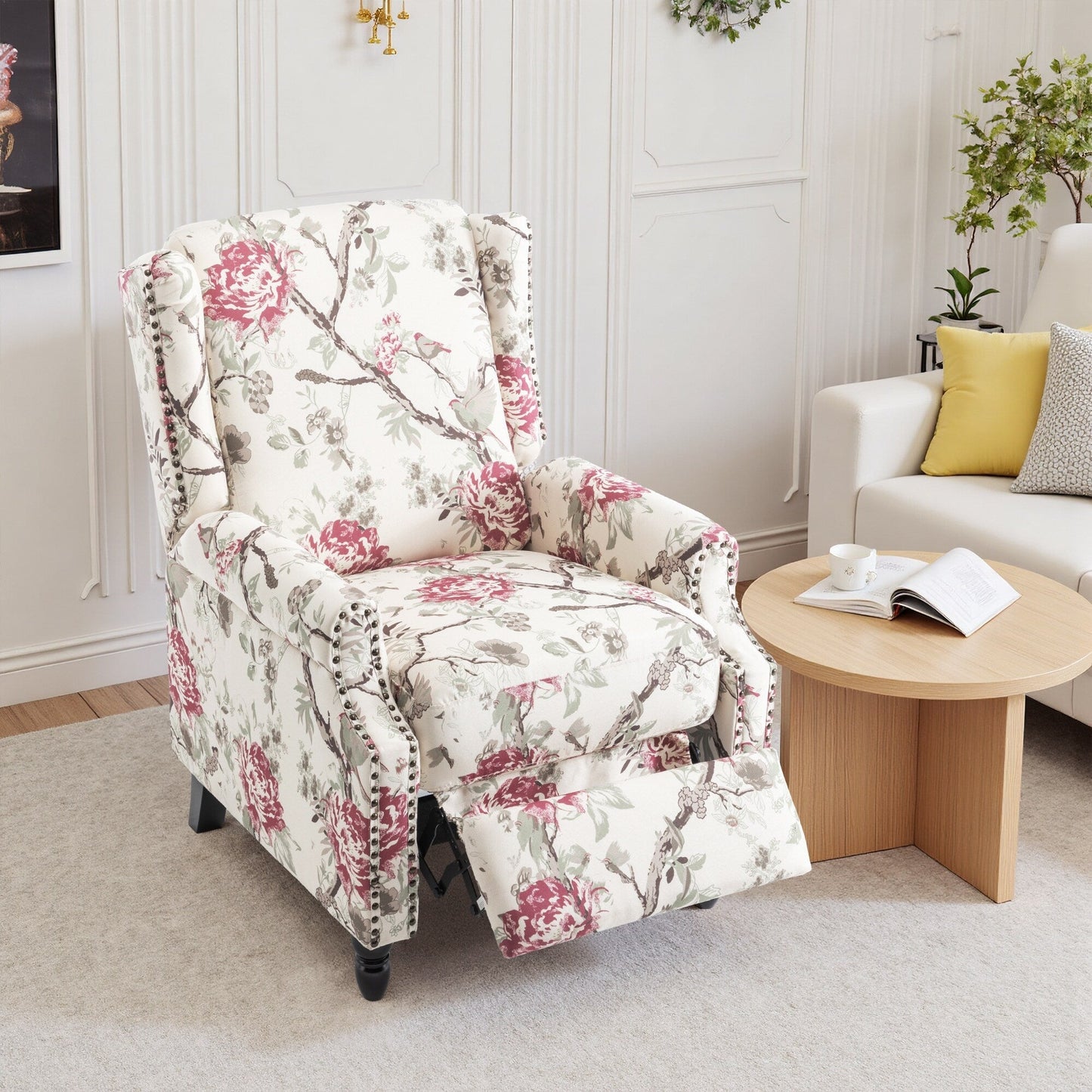 Poltrona reclinabile manuale imbottita in lino con gambe in legno