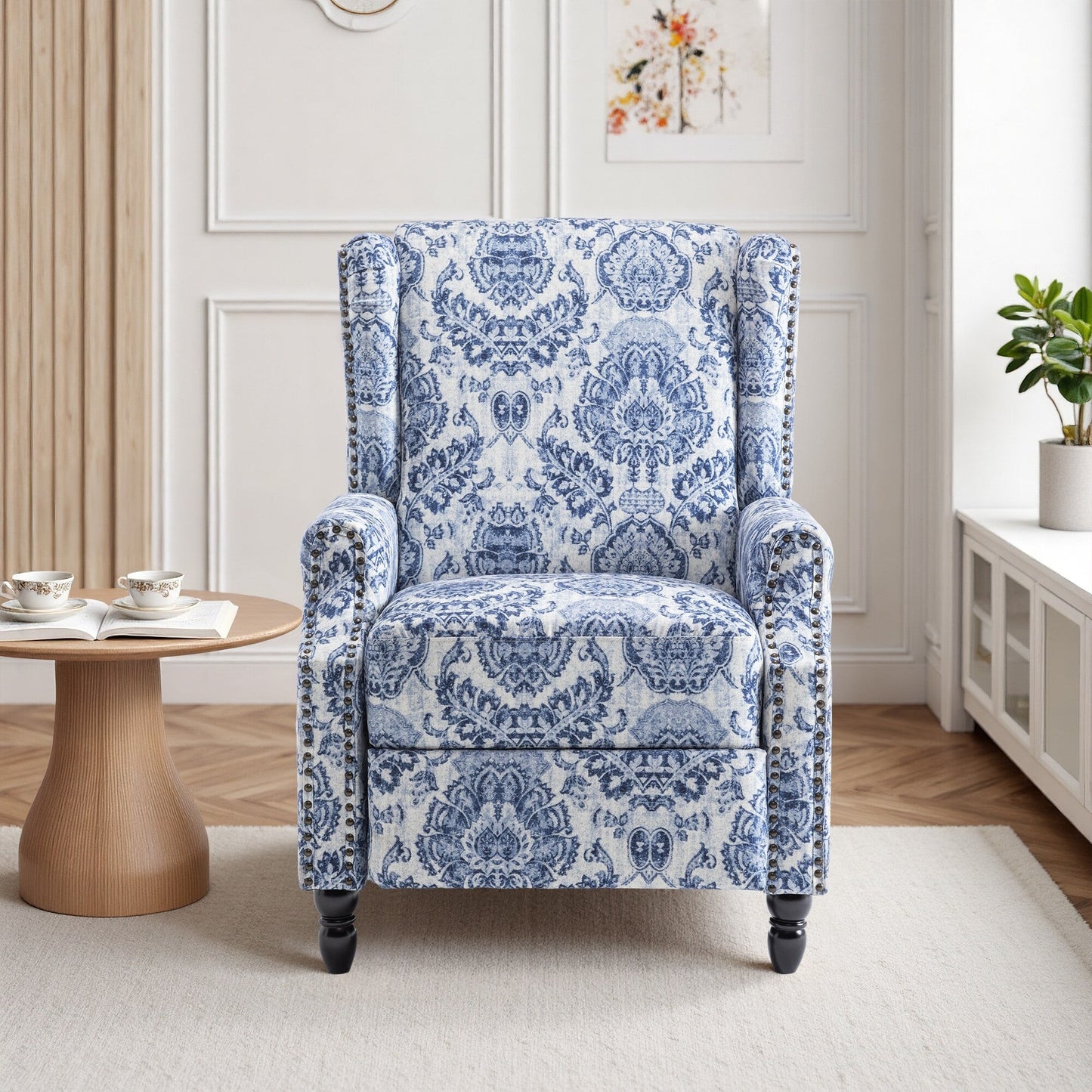 Poltrona reclinabile manuale imbottita in lino con gambe in legno