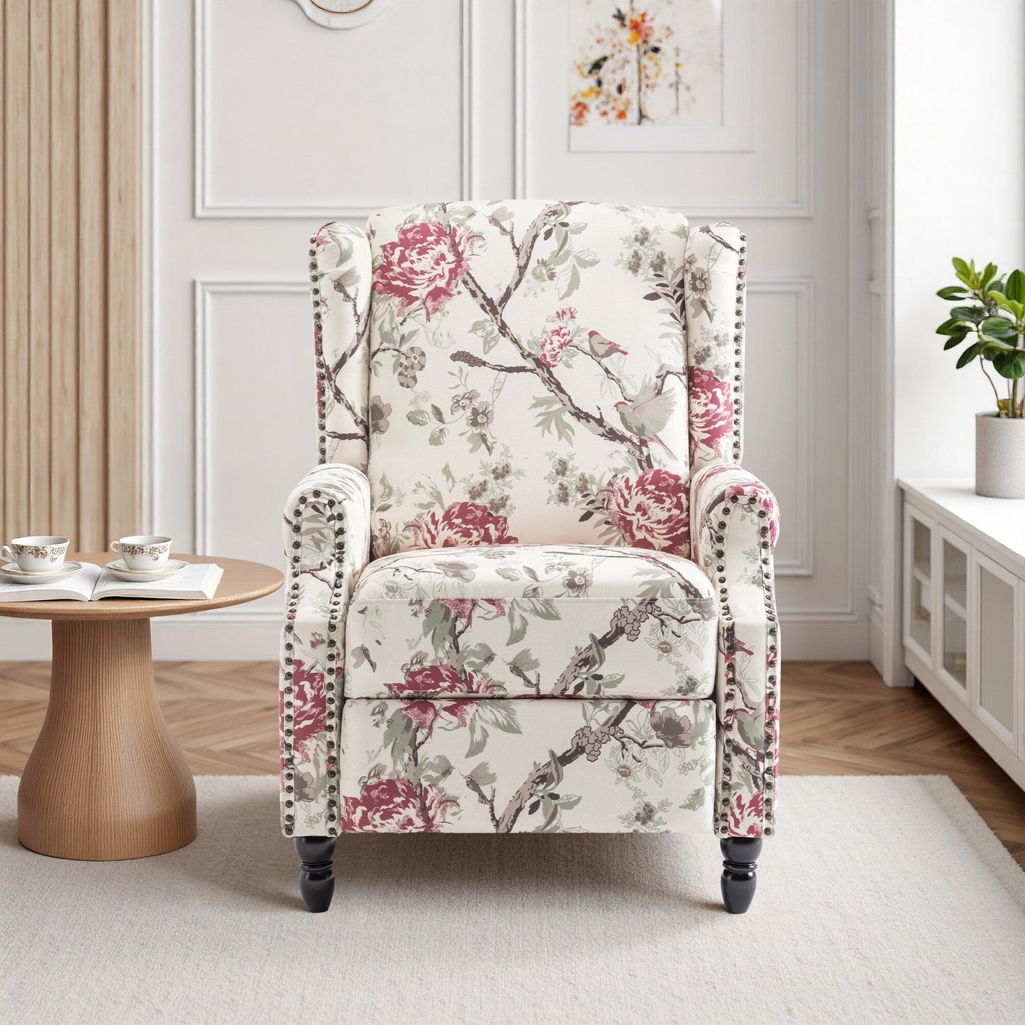 Poltrona reclinabile manuale imbottita in lino con gambe in legno