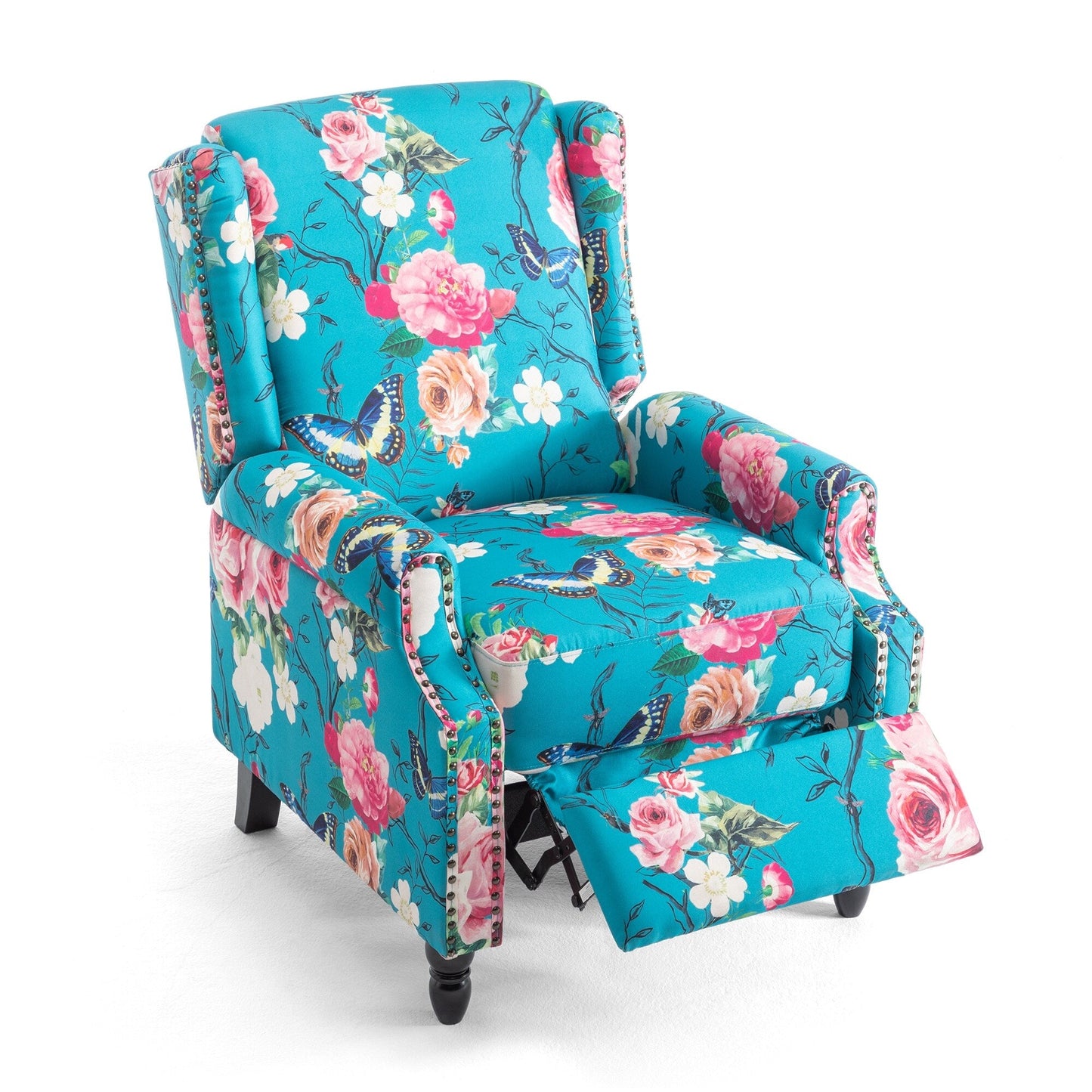 Poltrona reclinabile manuale imbottita in lino con gambe in legno