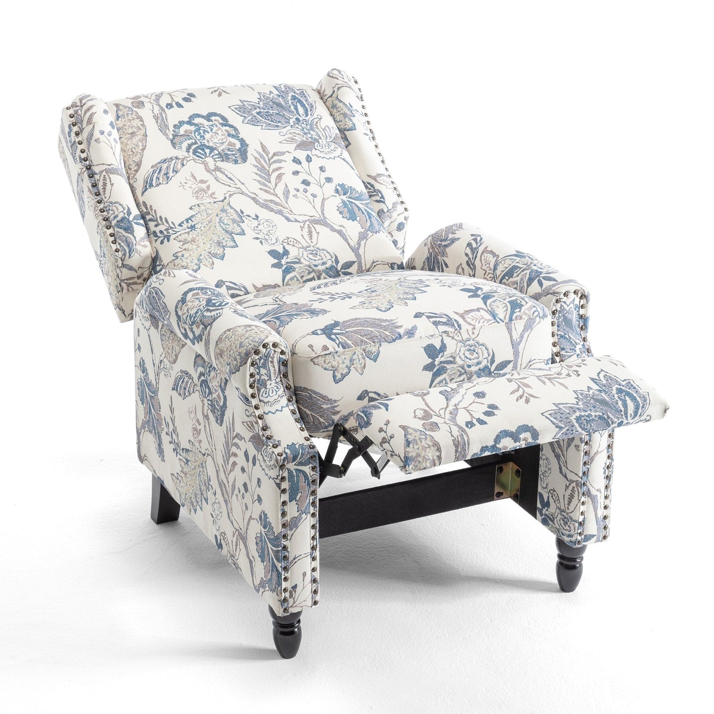 Poltrona reclinabile manuale imbottita in lino con gambe in legno