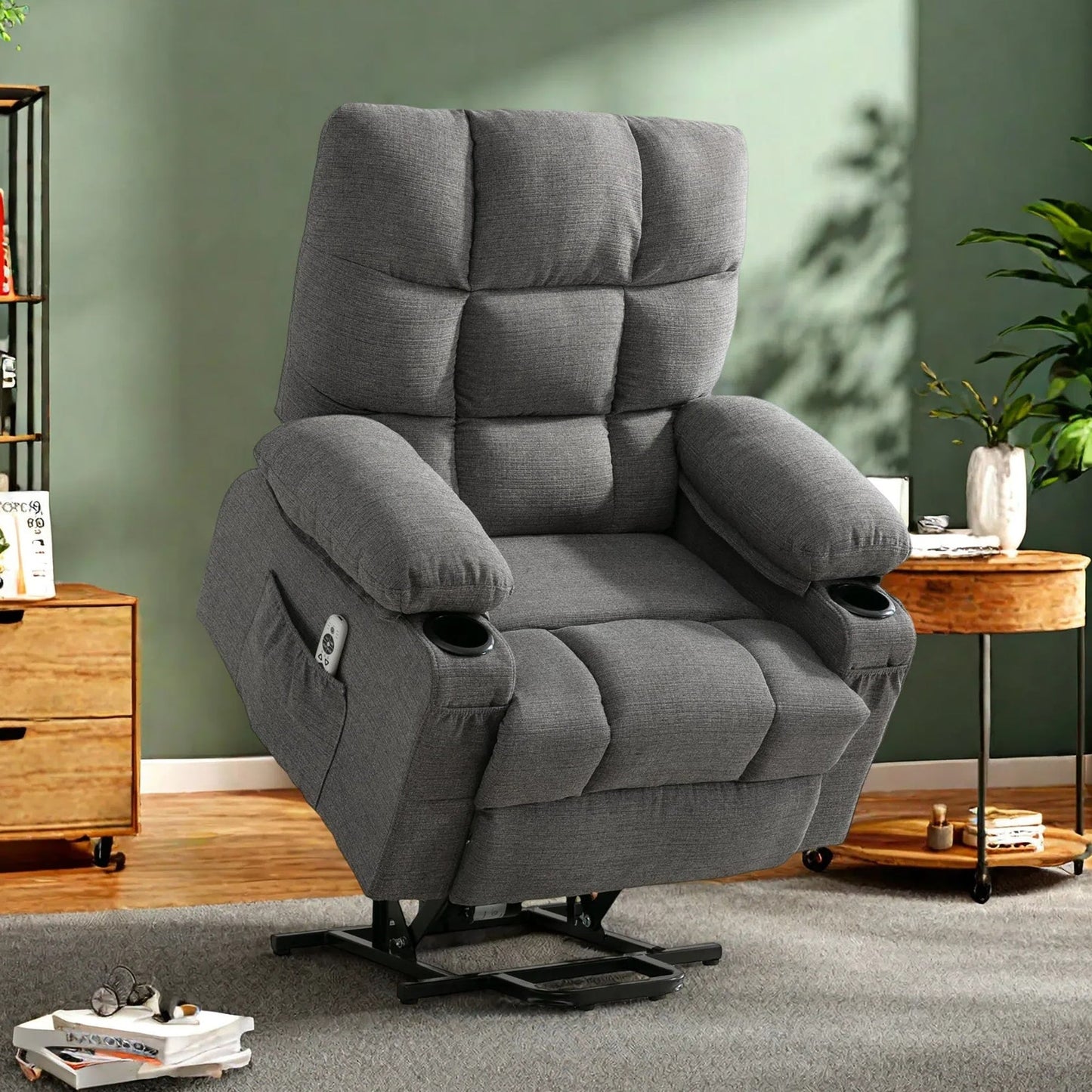 Poltrona reclinabile elettrica in lino con massaggio e calore, tasche laterali, porte di ricarica USB