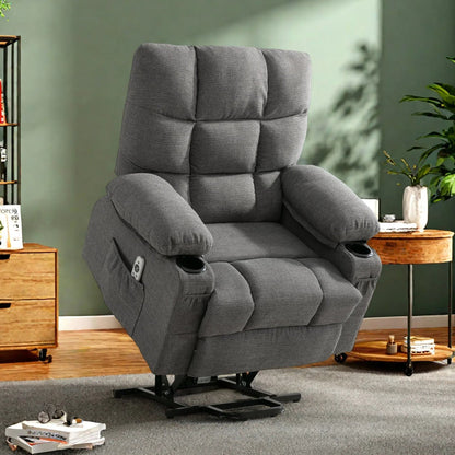 Poltrona reclinabile elettrica in lino con massaggio e calore, tasche laterali, porte di ricarica USB