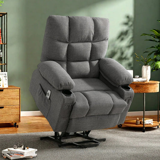 Poltrona reclinabile elettrica in lino con massaggio e calore, tasche laterali, porte di ricarica USB