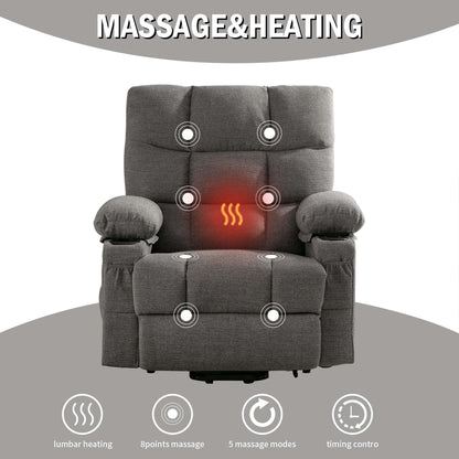 Poltrona reclinabile elettrica in lino con massaggio e calore, tasche laterali, porte di ricarica USB