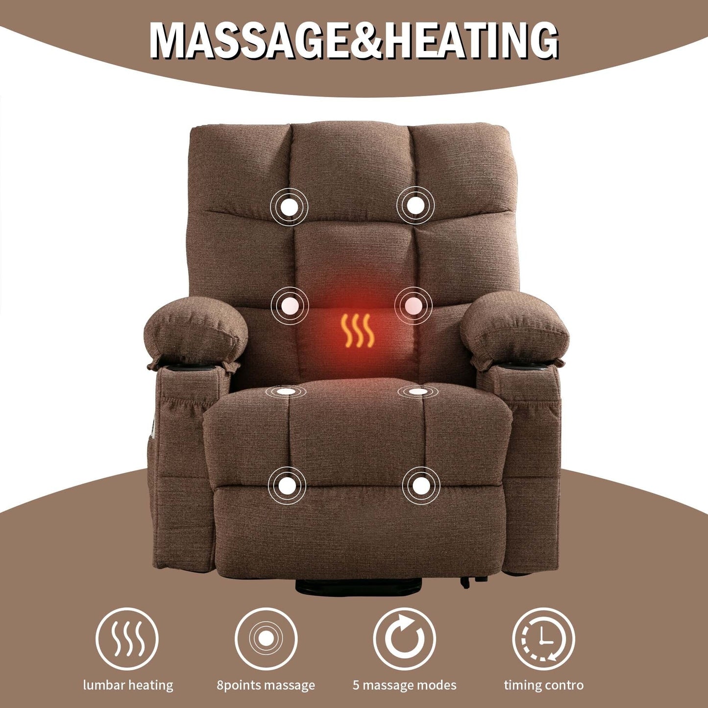 Poltrona reclinabile elettrica in lino con massaggio e calore, tasche laterali, porte di ricarica USB