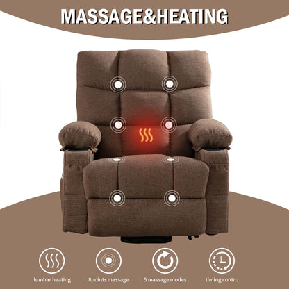 Poltrona reclinabile elettrica in lino con massaggio e calore, tasche laterali, porte di ricarica USB