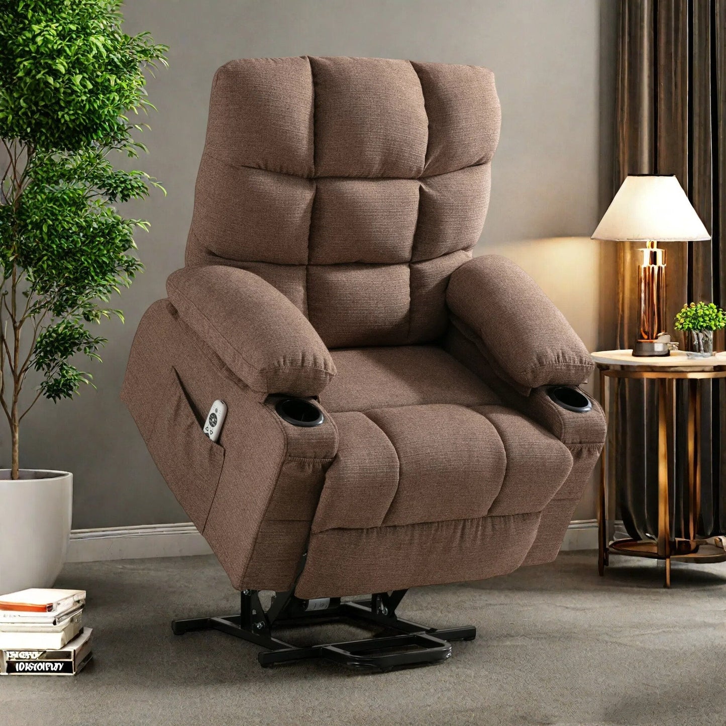 Poltrona reclinabile elettrica in lino con massaggio e calore, tasche laterali, porte di ricarica USB
