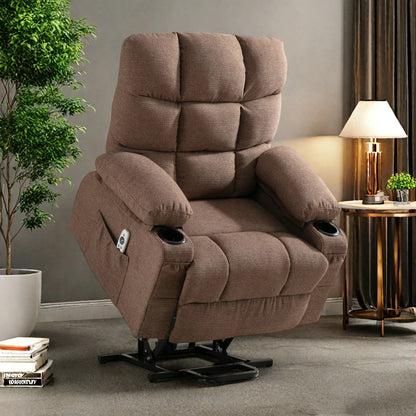 Poltrona reclinabile elettrica in lino con massaggio e calore, tasche laterali, porte di ricarica USB