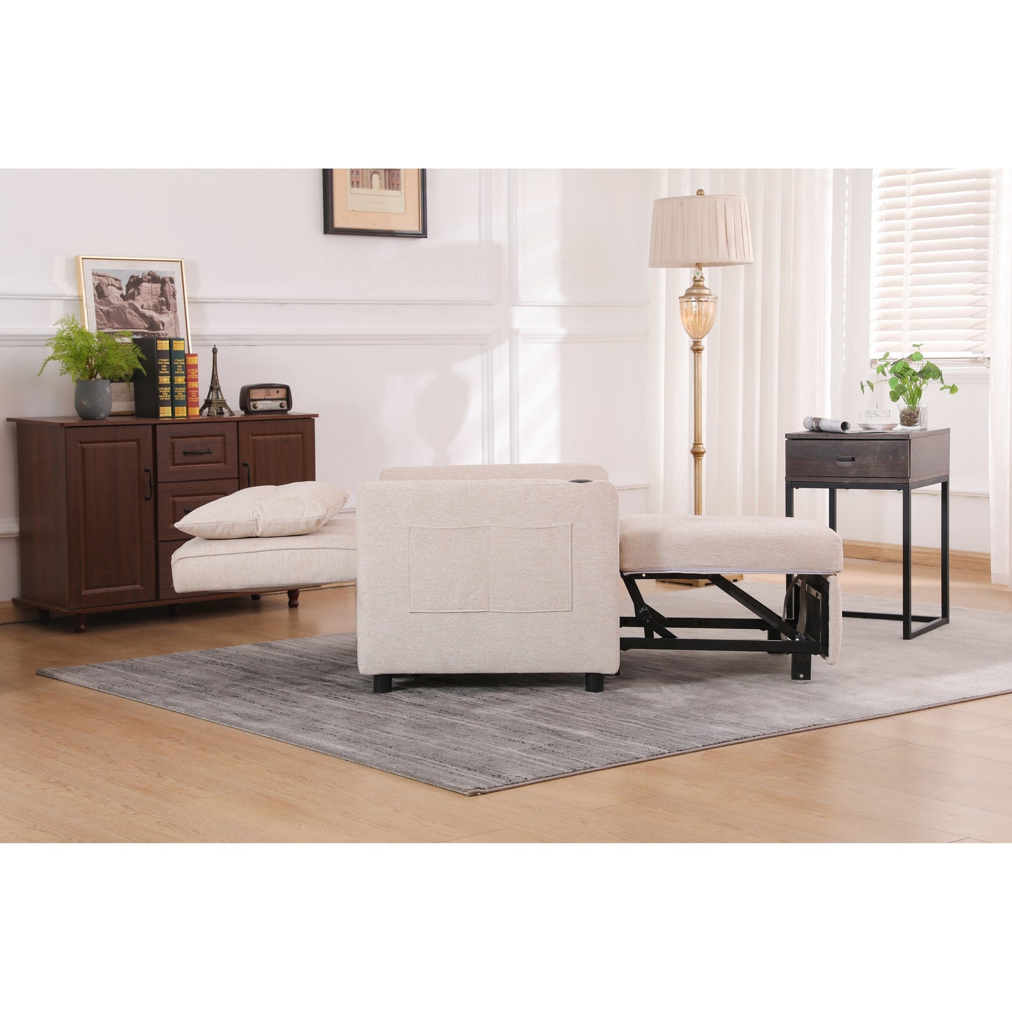 Poltrona reclinabile in lino, letto estraibile, poltrona pieghevole, poltrona trasformabile con USB, portabicchieri e tasche laterali