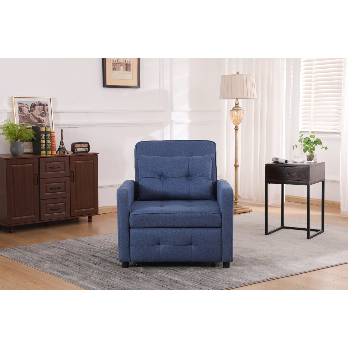 Poltrona reclinabile in lino, letto estraibile, poltrona pieghevole, poltrona trasformabile con USB, portabicchieri e tasche laterali