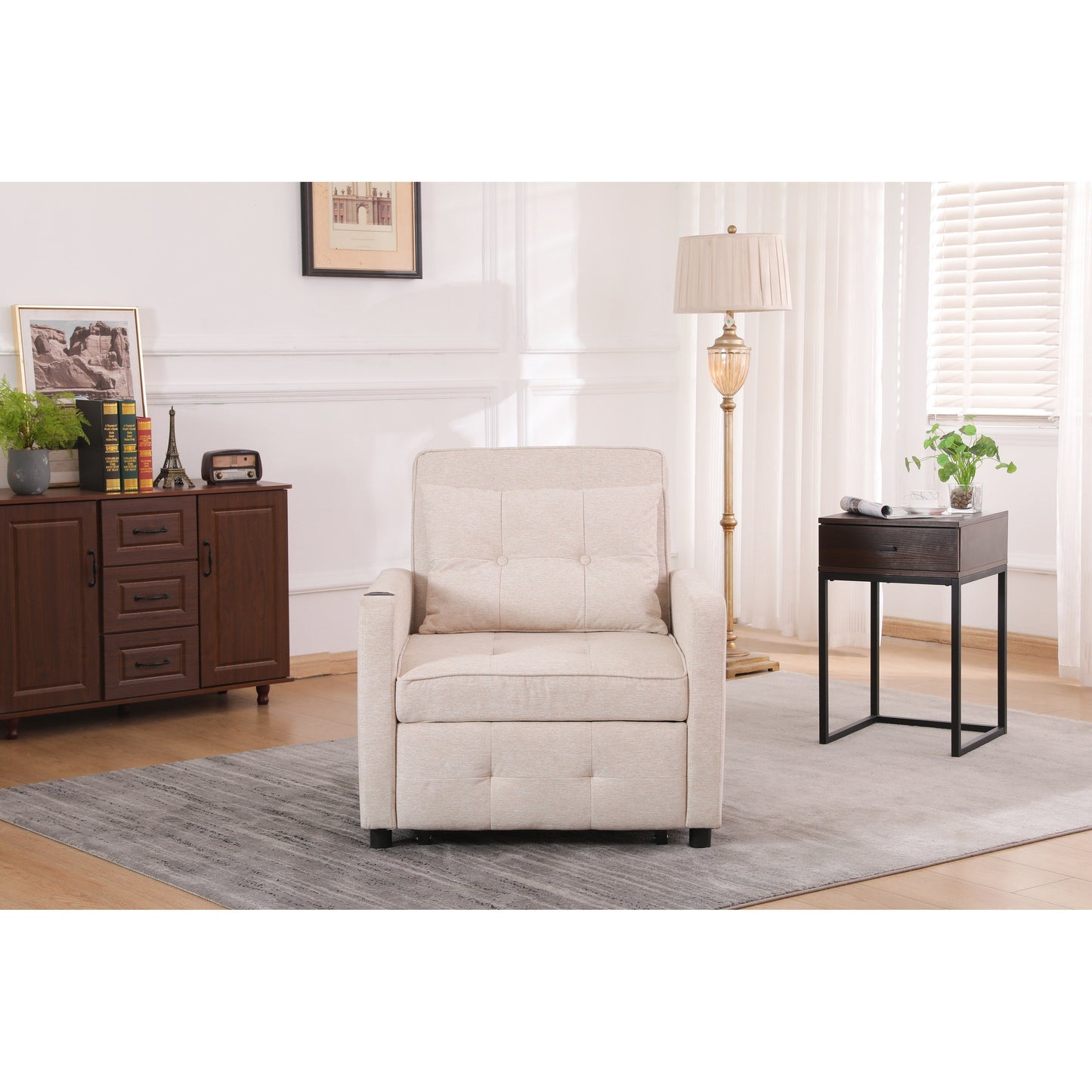 Poltrona reclinabile in lino, letto estraibile, poltrona pieghevole, poltrona trasformabile con USB, portabicchieri e tasche laterali