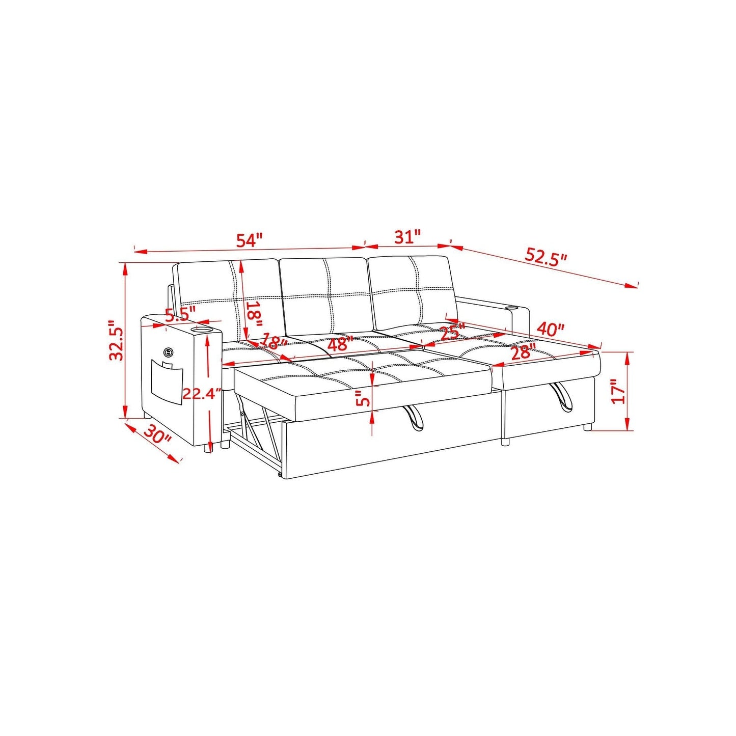 Divano componibile in lino, chaise longue reversibile con letto estraibile