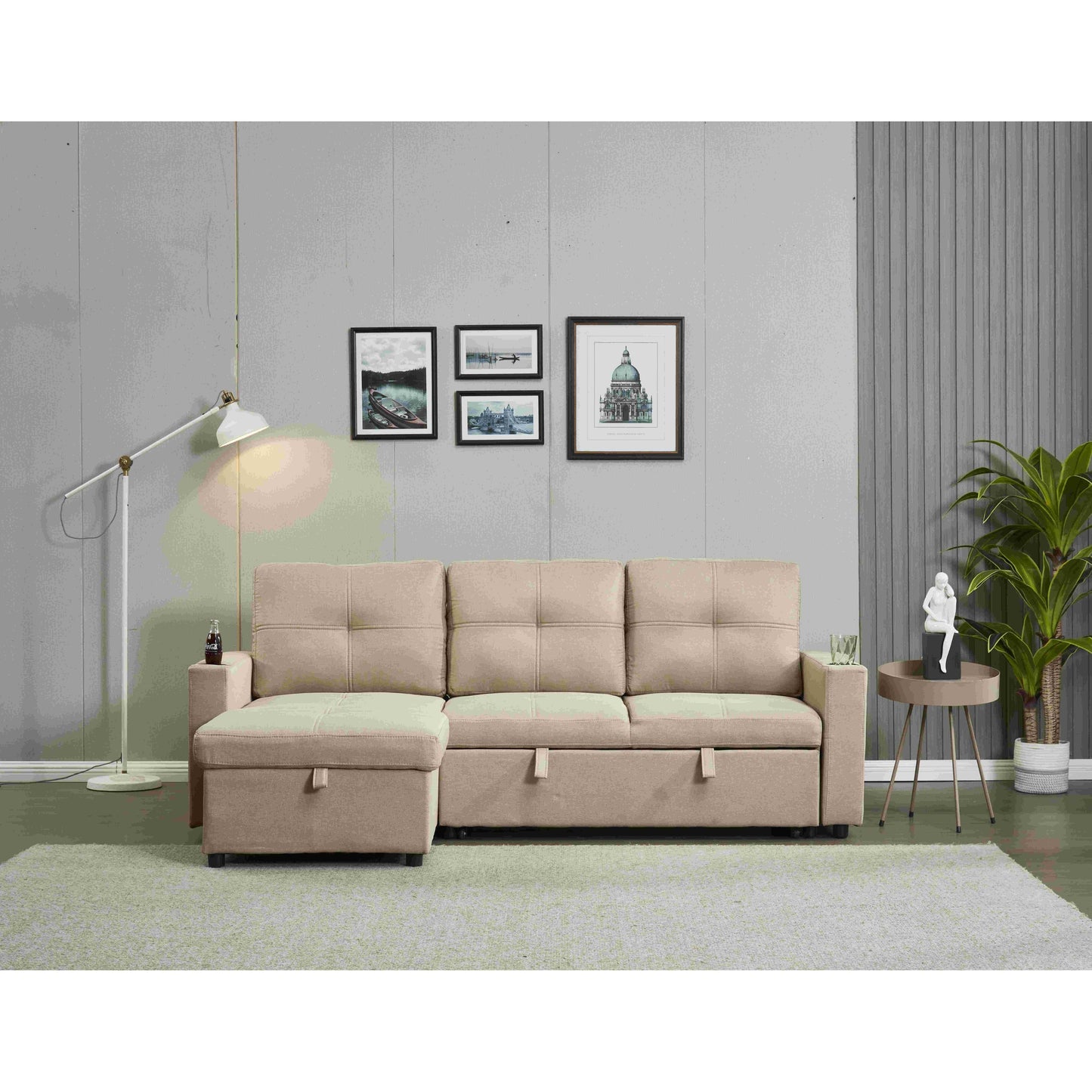 Divano componibile in lino, chaise longue reversibile con letto estraibile